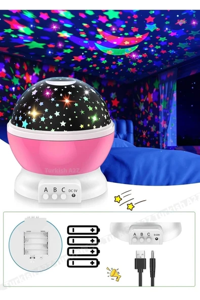 Pembe Dönen Renkli Ay Yıldızlı Gökyüzü Yansıtmalı Projeksiyon Gece Lambası Çocuk Bebek Parti Odası ürün görseli 1