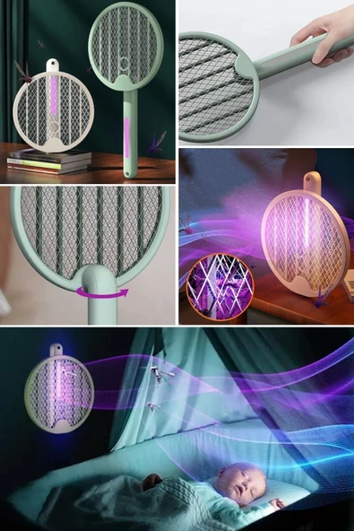 Tenis Raketi Tipi Masaüstü Olabilen Gece Lambalı Sinek Kovucu,öldürücü Raket - Resim 5