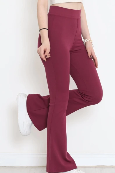 Şık Ve Rahat Yüksek Bel İspanyol Paça Fitilli Toparlayıcı Mürdüm Tayt ürün görseli