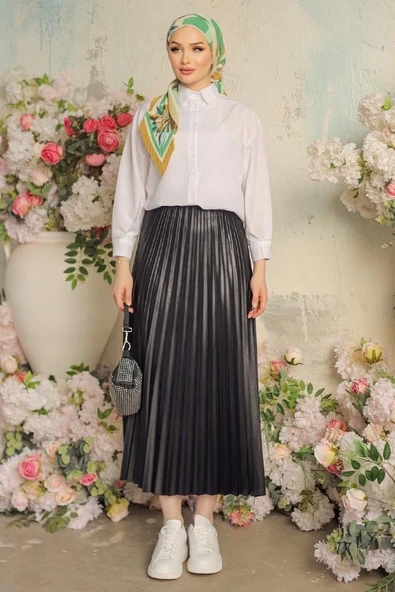 Zarif Ve Modern Pileli Parlak Krep Gizli Lastikli Siyah Etek - 8
