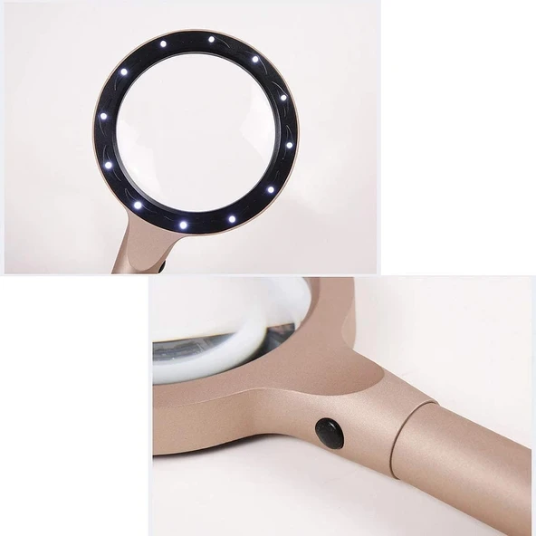 -12 Led Işıklı 10x Büyüteç  ,yaşlılar Ve Çocuklar Için Okuma Saplı  Metal Büyüteç 8013 - Resim 2