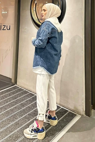 Koyu Mavi Kar Yıkama Püskül Detay Kot Ceket Oversize - Resim 2