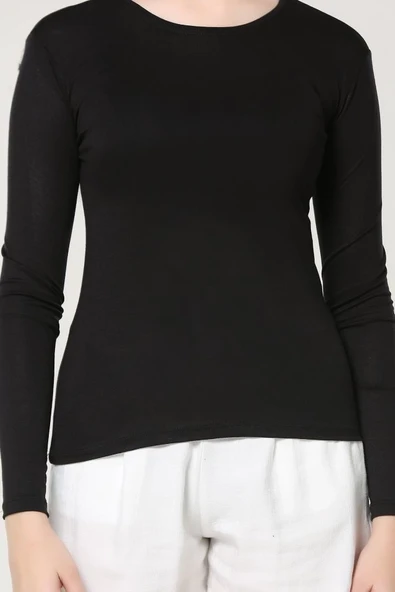 Rahat Ve Şık Uzun Kollu Bisiklet Yaka Likralı Viskon Penye Body Siyah - Resim 6