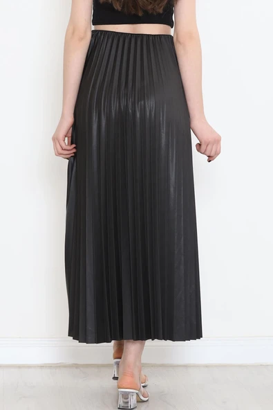 Zarif Ve Modern Pileli Parlak Krep Gizli Lastikli Siyah Etek - 3
