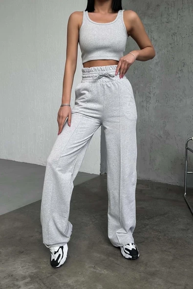 Şık Ve Rahat Yüksek Bel Bol Paça Gri Eşofman Altı ürün görseli 1