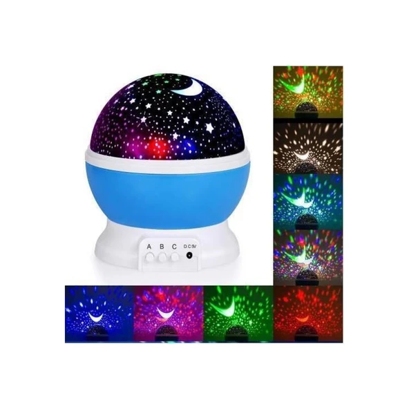 Mavi Dönen Renkli Ay Yıldızlı Gökyüzü Yansıtmalı Projeksiyon Gece Lambası Çocuk Bebek Parti Odası - Resim 2