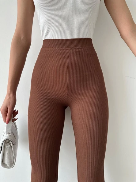 Şık Ve Rahat Yüksek Bel İspanyol Paça Fitilli Toparlayıcı Kahverengi Tayt - Resim 4