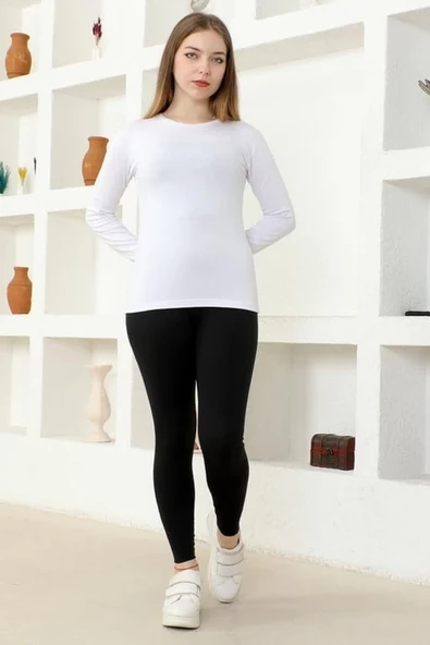 Rahat Ve Şık Uzun Kollu Bisiklet Yaka Likralı Viskon Penye Body Beyaz - Resim 3