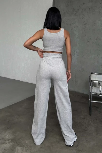 Şık Ve Rahat Yüksek Bel Bol Paça Gri Eşofman Altı - Resim 4