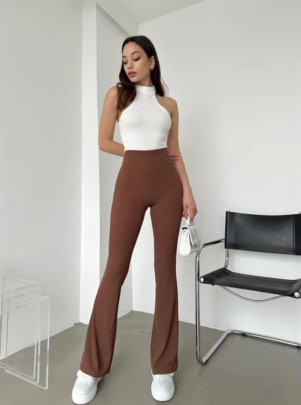 Şık Ve Rahat Yüksek Bel İspanyol Paça Fitilli Toparlayıcı Kahverengi Tayt ürün görseli