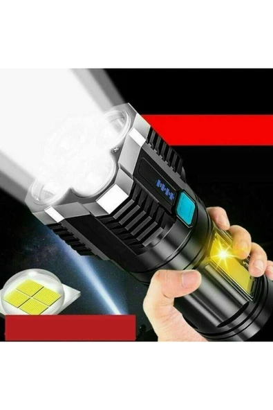 Ultra Parlak El Feneri Usb Şarj 4 Led+yan Cob Led Taktik Günlük Hayat Kamp Avcılık El Feneri - Resim 5