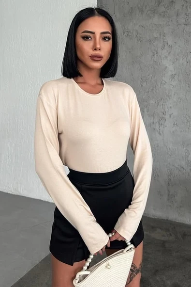 Rahat Ve Şık Uzun Kollu Bisiklet Yaka Likralı Viskon Penye Body Bej - Resim 2