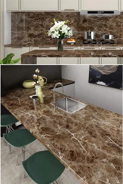 Mermer Desenli Masa Tezgah Mutfak Su Geçirmez Yapışkanlı Folyo Sticker Kahverengi 5x0,6m - Resim 7