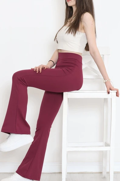 Şık Ve Rahat Yüksek Bel İspanyol Paça Fitilli Toparlayıcı Mürdüm Tayt - Resim 6