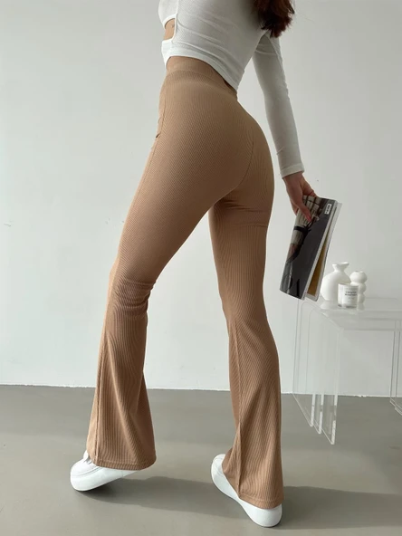 Şık Ve Rahat Yüksek Bel İspanyol Paça Fitilli Toparlayıcı Bej Tayt - Resim 5