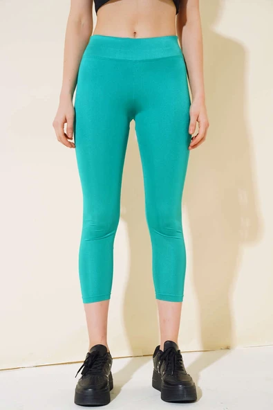 Esnek Yüksek Bel Yeşil Uzun Parlak Disco Tayt ürün görseli 1