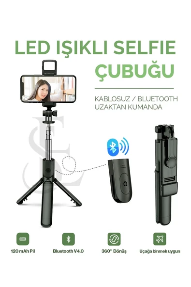Led Işıklı Selfie Çubuğu Bluetooth Kumandalı Kablosuz Tripot Selfie Monopod Selfie Stick ürün görseli 1
