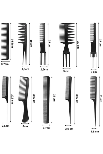 10 Parça Profesyonel Kuaför Tarak Seti - Saç Kesim, Ayırma, Şekillendirme Ve Fön Tarağı - Resim 7