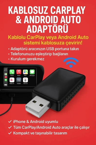 Kablosuz Carplay & Android Auto Adaptörü - Apple Ve Android Cihazlar İçin Evrensel Wireless Carplay Çevirici - Resim 2