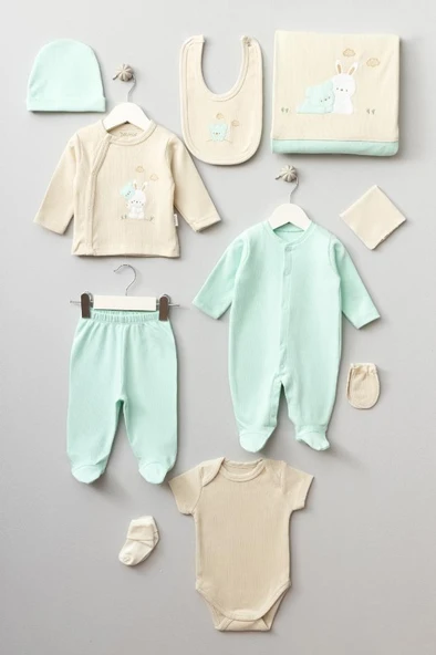 Bebitof %100 Pamuk Ayıcık ve Tavşan Desenli 10 Parça Kutulu Yenidoğan Hastane Çıkısı Seti BBTF.SYSL.10088