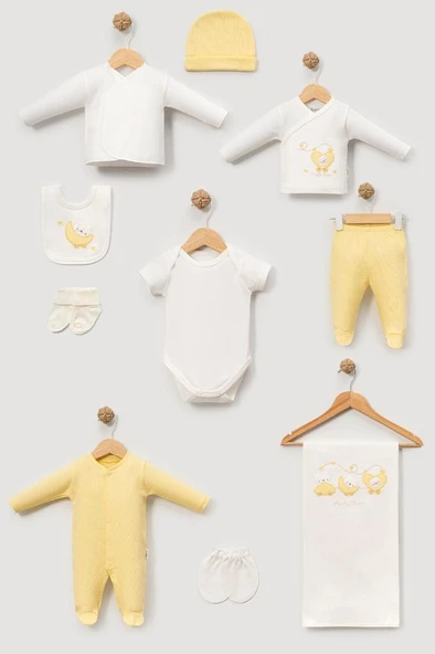 Bebitof %100 Pamuk Sevimli Trendeki Ayıcık Desenli 10 Parça Kutulu Yenidoğan Hastane Çıkışı Zıbın Seti Sarı BBTF.SR.10125