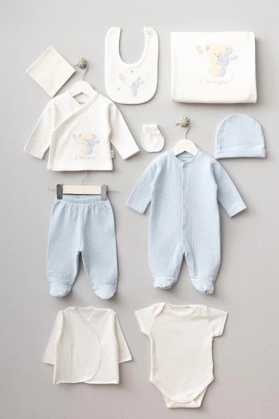 Bebitof %100 Pamuk Sarılan Ayıcık Desenli 10 Parça Kutulu Yenidoğan Hastane Çıkışı Zıbın Seti BBTF.MV.10099