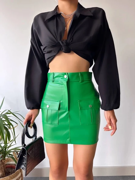 BİÇOMİ Önden iki cepli deri etek yeşil h240040 ürün görseli