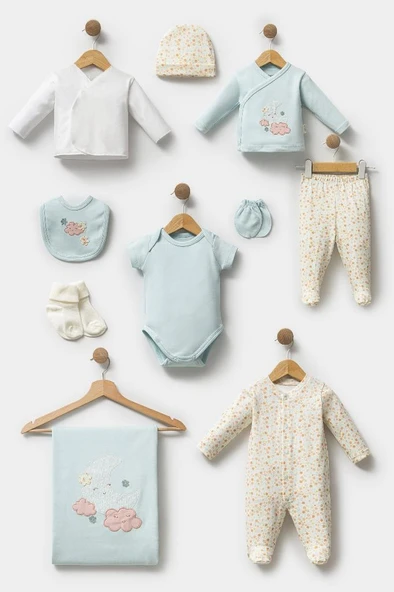 Bebitof %100 Pamuk Sevimli Ay ve Bulut Desenli 10 Parça Kutulu Yenidoğan Bebitof Hastane Çıkışı Zıbın Seti BBTF.SYSL.10123