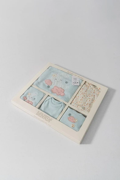 Bebitof %100 Pamuk Sevimli Ay ve Bulut Desenli 10 Parça Kutulu Yenidoğan Bebitof Hastane Çıkışı Zıbın Seti BBTF.SYSL.10123 - 6