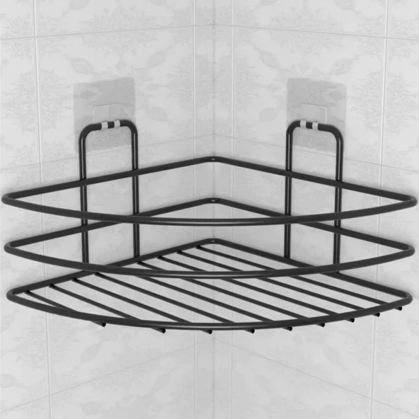 Buffer® Kendiliğinden Yapışkanlı Montaj Gerektirmeyen Tek Katlı Banyo Askı Köşe Şampuanlık Siyah - 3