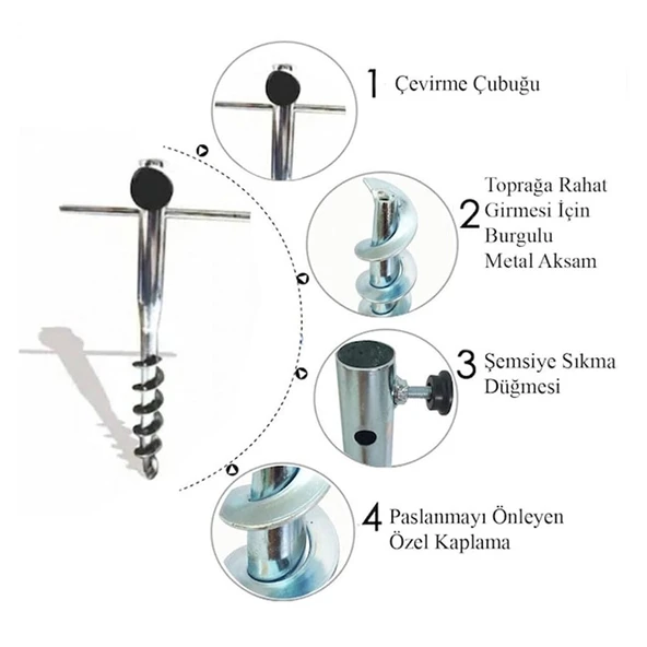 Leva House Burgulu Metal Sıkma Aparatlı Plaj Şemsiye Kazığı 40 cm - 2