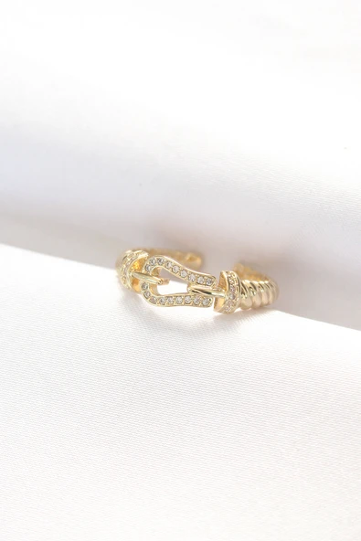 Kemer Tokası Tasarımlı Gold Renk Zirkon Taşlı Ayarlanabilir Yüzük - TJ-BYK3099 - 1