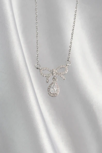 316L Çelik Gümüş Renk Zirkon Taşlı Fiyonk Detay Damla Kolye - TJ-BKO8922 - 2