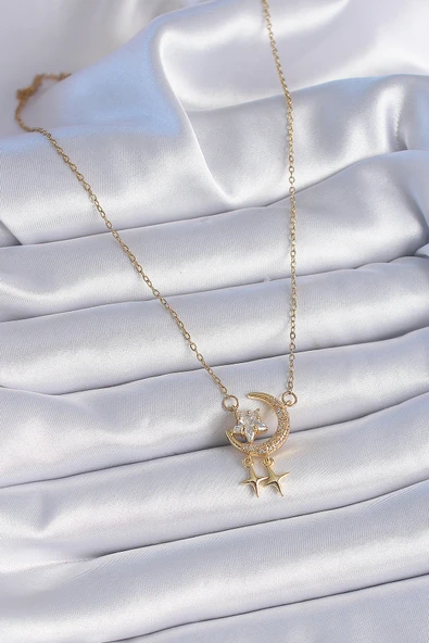 316L Çelik Zincir Gold Renk Zirkon Taşlı Hilal Model Yıldız Detay Kadın Kolye - TJ-BKO9362 - 2