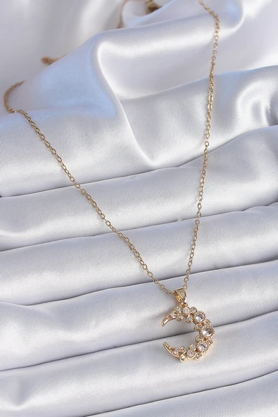 316L Çelik Zincir Gold Renk Zirkon Taşlı Hilal Model Kadın Kolye - TJ-BKO9354 - 2