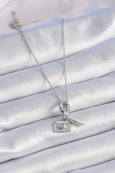 316L Çelik Gümüş Renk Kalp Detay Mektup Figür Charm Model Kadın Kolye - TJ-BKO9313 - 2