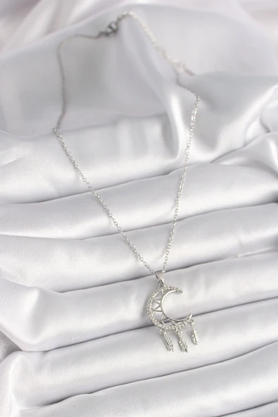 316L Çelik Gümüş Renk Zincir Zirkon Taşlı Hilal Model Sallantı Yaprak Detay Kadın Kolye - TJ-BKO9651 - 2