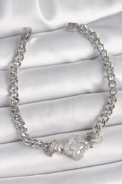 Pirinç Gümüş Renk Zirkon Taşlı Yonca Figür Zincir Model Kadın Bileklik - TJ-BB6819