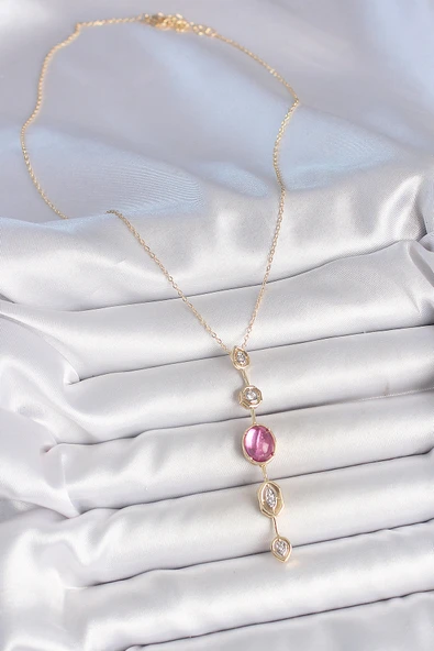 Pirinç Zincir Gold Renk Pembe Zirkon Taşlı Y Kolye - TJ-BKO10228 - 2