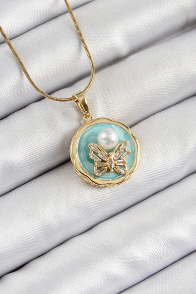 316L Çelik Zincir Zirkon Taşlı Turkuaz Sanatsal Portre İnci Detaylı Kelebek Model Gold Renk Kadın Kolye - TJ-BKO10277