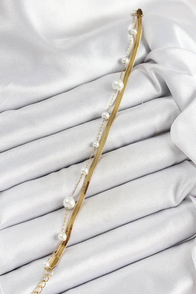 316L Çelik Gold Renk İncili ve İtalyan Zincirli Kadın Bileklik - TJ-BB7094