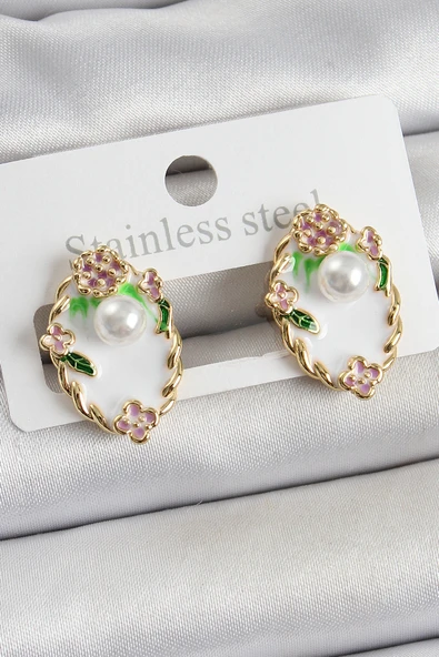 Pirinç Beyaz Mineli İnci Detaylı Sanatsal Portre Model Gold Renk Kadın Küpe - TJ-BKP10689