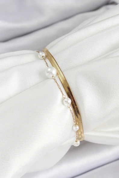 316L Çelik Gold Renk İncili ve İtalyan Zincirli Kadın Bileklik - TJ-BB7094 - 2