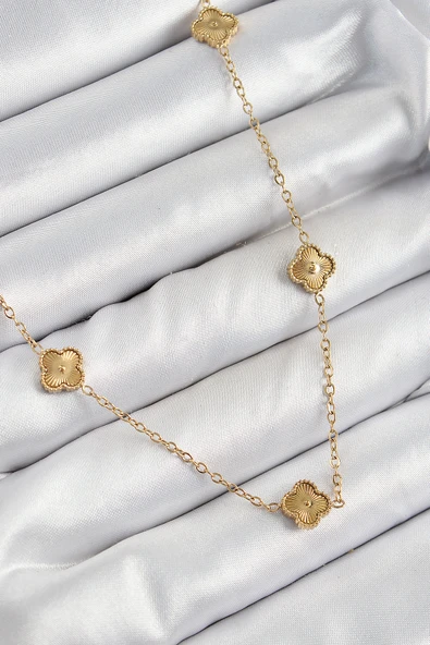 316L Çelik Yonca Model Gold Renk Kadın Kolye - TJ-BKO10378 ürün görseli