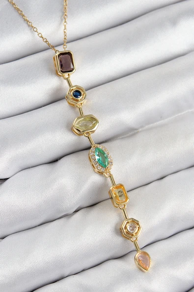 Pirinç Renkli Zirkon Taşlı Model Gold Renk Kadın Y Kolye - TJ-BKO10439 ürün görseli