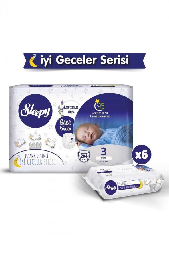 Sleepy Bebek Bezi Gece Külotu Bezi 3 Beden (4-10kg) Midi 204 Adet