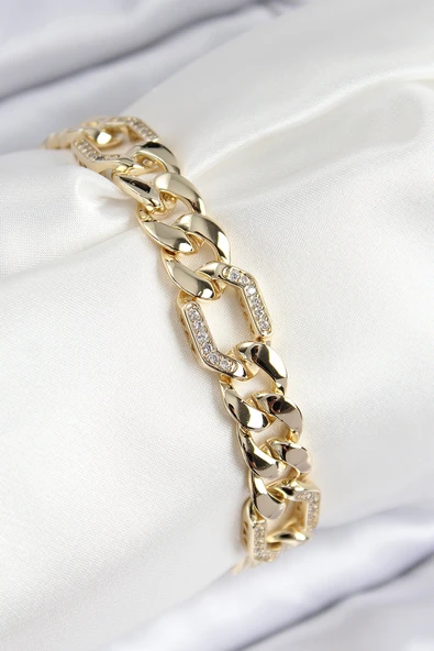 VIP Pirinç Zirkon Taşlı Parçalı Zincir Model Gold Renk Kadın Bileklik - TJ-BB7767 ürün görseli