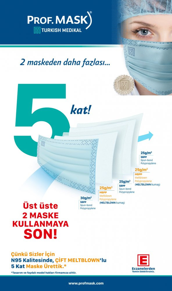 Prof mask Prof Mask 5 Kat Cerrahi Maske Turkuaz Tekli Ambalaj Lavantalı (25’li Kutu) - 2