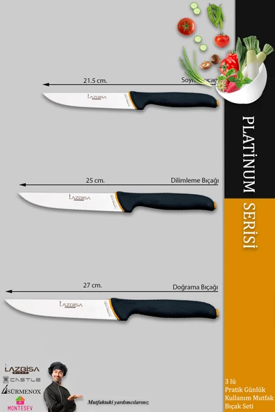 Lazbisa Platinum Serisi Mutfak Bıçak Seti Et Ekmek Sebze Meyve Bıçağı 3 Lü Set Günlük Kullanım (MFT-369) - 2
