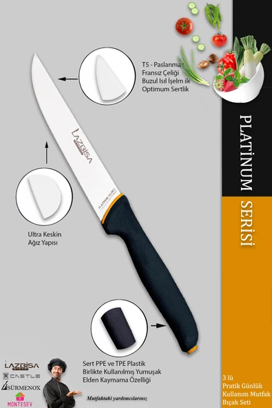 Lazbisa Platinum Serisi Mutfak Bıçak Seti Et Ekmek Sebze Meyve Bıçağı 3 Lü Set Günlük Kullanım (MFT-369) - 3